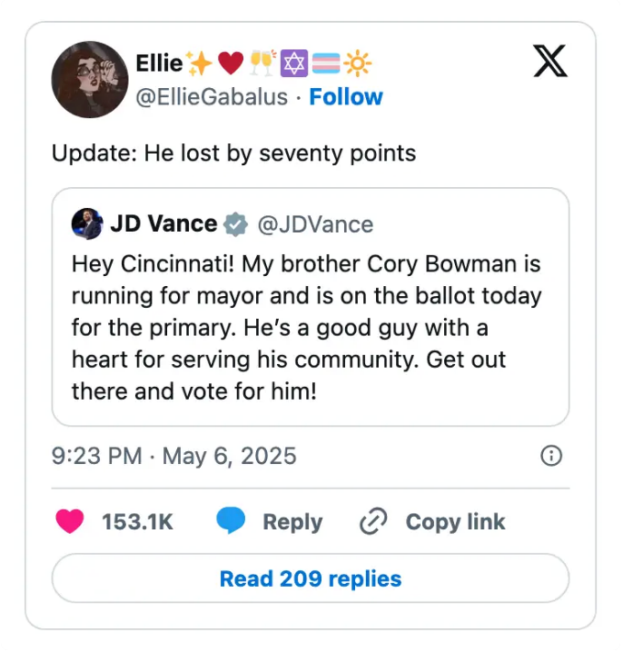 Tweet exchange discussing Cory Bowman's mayoral primary loss by seventy points. Initial tweet supports his candidacy and community service