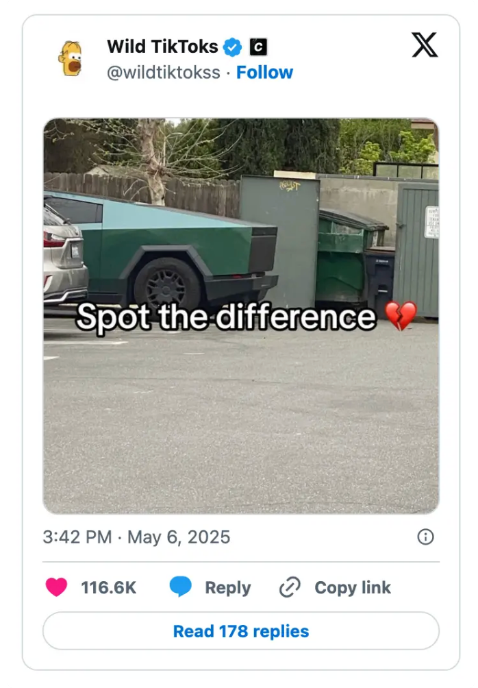 Text on image: "Spot the difference" with heart emoji. Image shows a green dumpster and a parked vehicle with a similar design