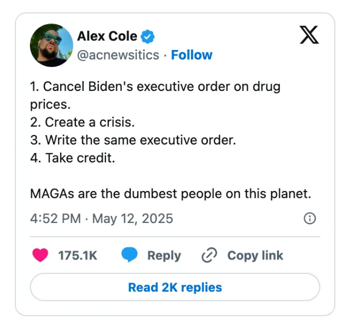 Tweet listing a four-step plan related to Biden's executive order on drug prices, criticizing political tactics, with engagement stats shown