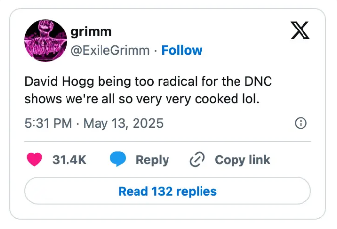 Tweet by @ExileGrimm says, "David Hogg being too radical for the DNC shows we're all so very very cooked lol," with engagement stats shown