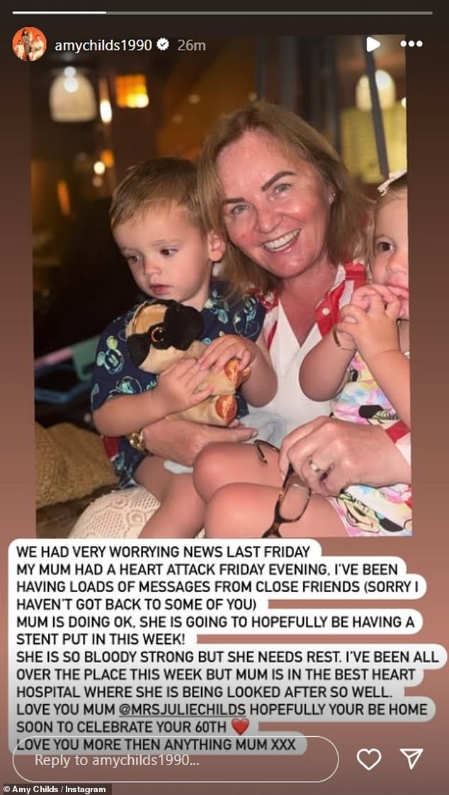 Alongside a picture of Julie beaming while holding her twins, Amy penned: 'We had very worrying news last Friday. My mum had a heart attack Friday evening