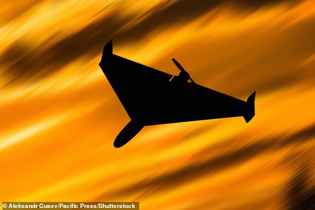 An Iranian-designed Shahed 136 drone streaking through the skies above Ukraine. Russia uses the Shahed 136 model which it acquired from Iran to strike targets in Ukraine