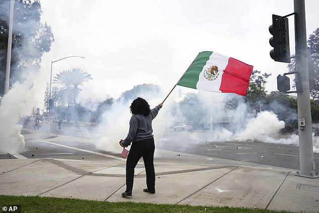 A woman waves a Mexican flag amidst tear gas from law enforcement during a protest