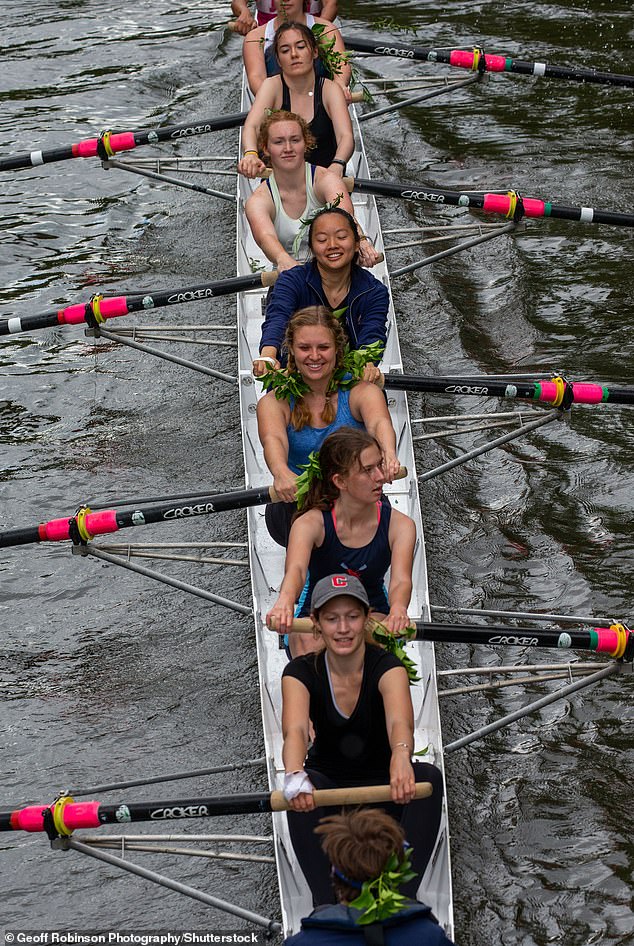 Cambridge University students taking part in the "May Bumps" on the River Cam in 2019