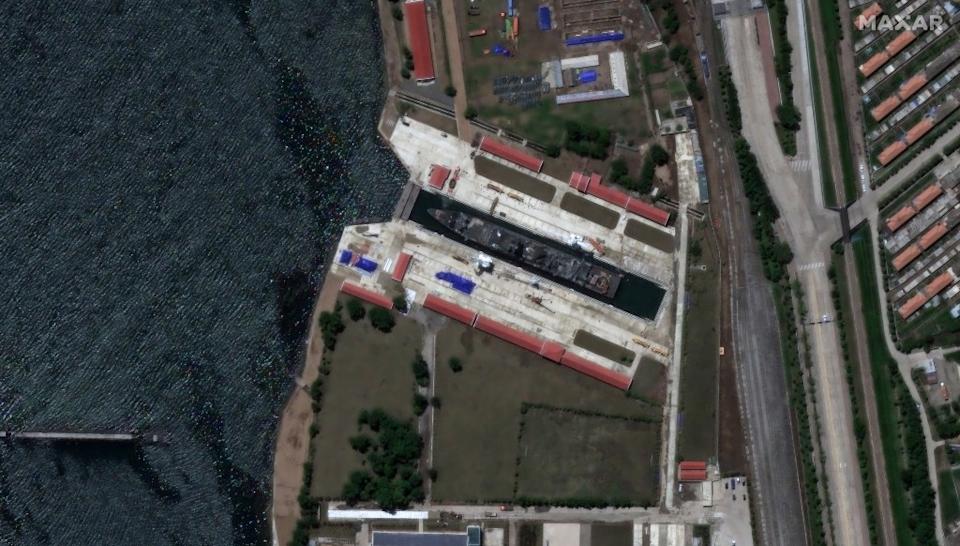 The second <em>Choi-Hyun</em> class frigate seen in dry dock in Raijin on June 8, 2025. <em>Satellite image ©2025 Maxar Technologies</em>