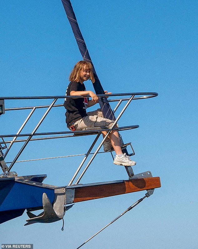 Activist Greta Thunberg sits aboard the aid ship Madleen in a photo shared on June 2, 2025