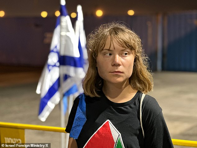 Greta Thunberg is pictured at the Israeli port of Ashdod after the Madleen 'freedom flotilla' ship was intercepted by Israeli boats yesterday