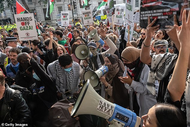 Protestors demonstrate in support of the Freedom Flotilla opposite Downing Street on June 9, 2025 in London, England