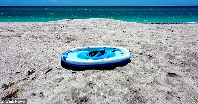 She emerged from the water, on her own, completely covered in blood. Pictured: The family's beach inflatable