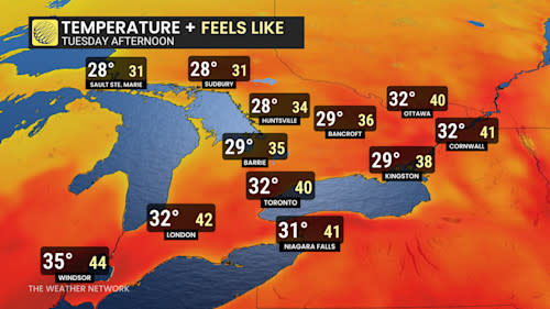 Ontario Tuesday afternoon temperatures and humidex - June 23, 2025