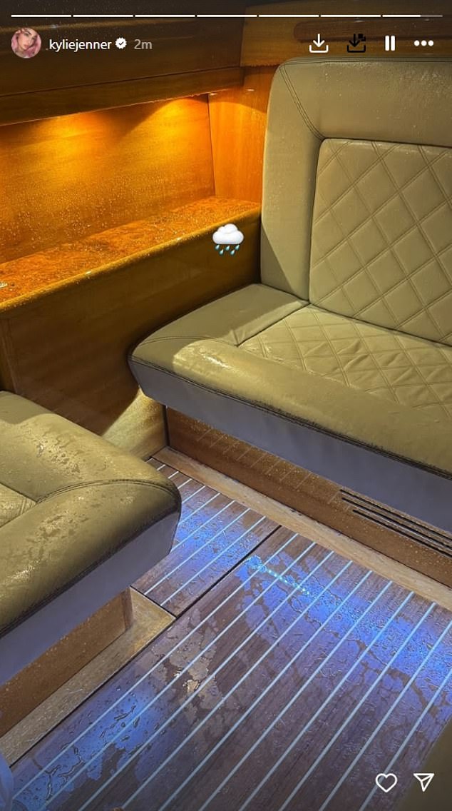 Kylie reacted to the weather by sharing a photo of her rain-soaked water taxi to her Instagram Story