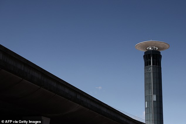 The air traffic control tower of Roissy Charles-de-Gaulle Airport in Paris is pictured today