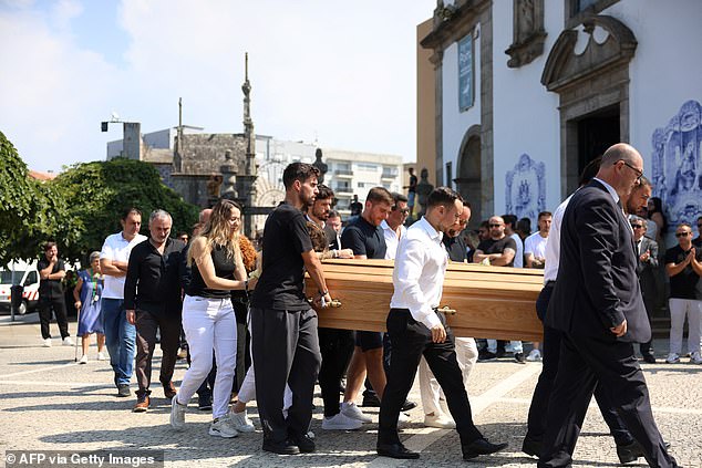 Relatives followed the coffin of Portuguese football player Diogo Jota carried out of the church after a joint funeral for him and his brother Andre