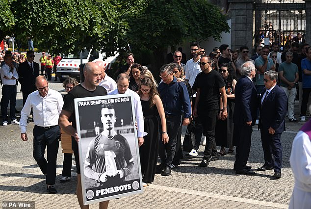 Mourners left the funeral of Diogo Jota and Andre Silva held at Igreja Matriz de Gondomar in the town of Gondomar