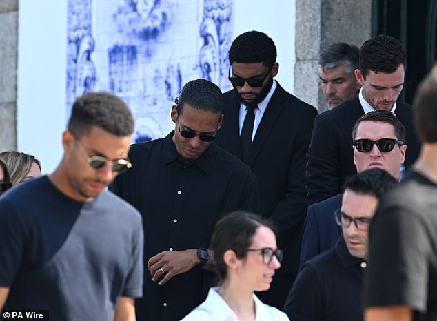 Liverpool's captain Virgil van Dijk, defender Joe Gomez and defender Andy Robertson left the Igreja Matriz de Gondomar following Jota and Andre's funeral service
