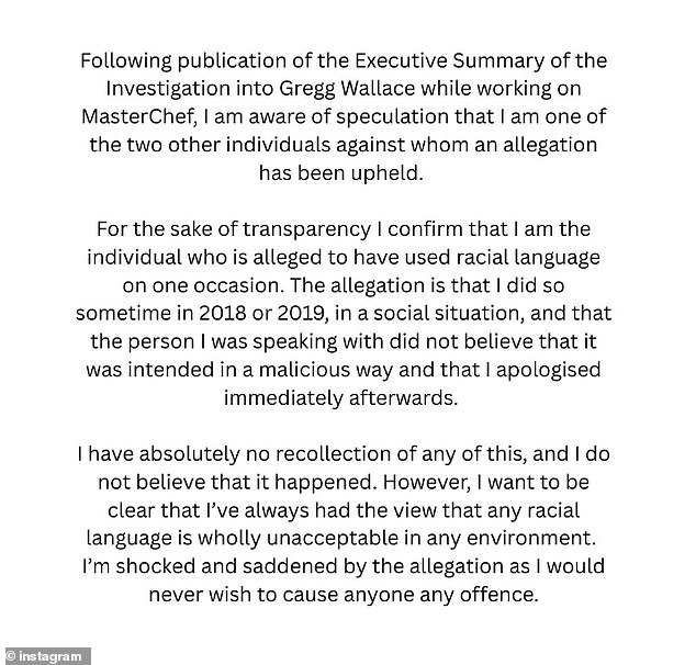 Last night, Torode took to Instagram to confirm he had been accused of using racist language