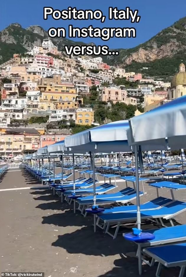 Another person visiting Positano, on Italy's Amalfi Coast, expressed her disappointment at the experience in a TikTok clip. She said: 'Social media lied. I've been dreaming of going to Positano on Italy's Amalfi Coast for years.' Pictured: The quiet beach the woman expected
