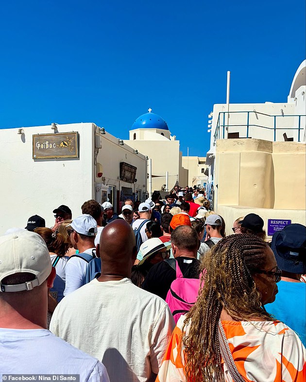 She posted a picture of a packed street writing, 'Santorini! When we stayed here in 2022 we scoffed at the people who came off the cruise ships. This time, we were those people! Santorini in summer is no joke. The heat, the crowds, the lines. No magic this time. Just sweat, nausea and swollen feet. 'Don't be deceived by the smiling faces'