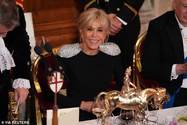 Brigitte Macron attends the Banquet for the President, hosted for French President Emmanuel Macron and her, on day two of their state visit to Britain, at the Guildhall in central London on July 9