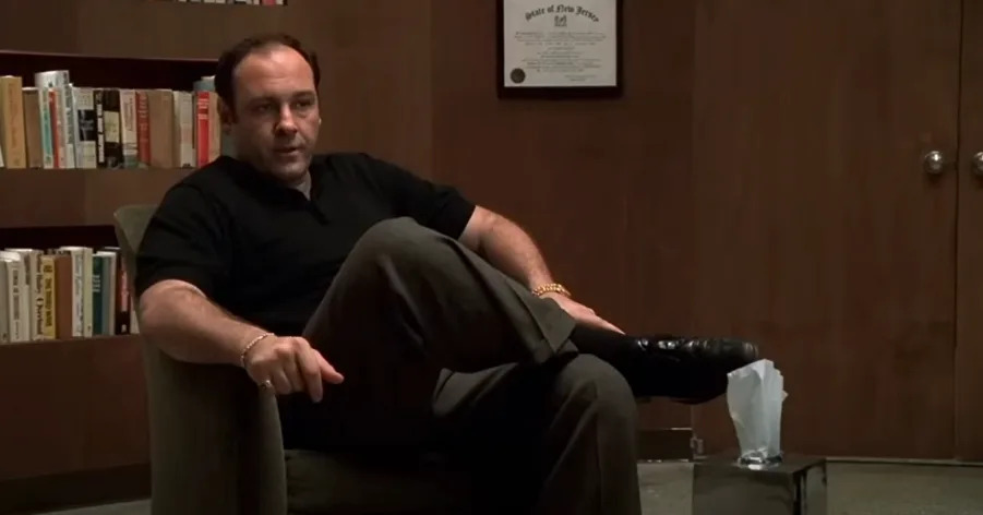 Man sitting in an armchair with one leg crossed, next to a bookshelf and framed certificate on the wall, in a study or office setting