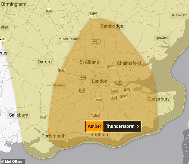 An amber thunderstorm warning is in place for South East England tomorrow, from 4am to 11am