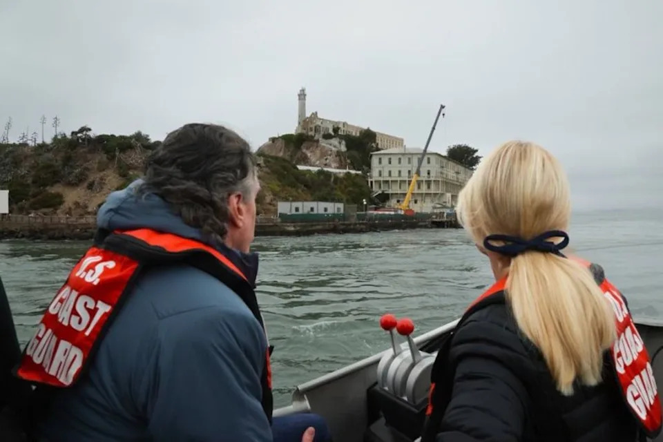 Doug Burgum and Pam Bondi shared this photo of themselves on their way to Alcatraz Island on Thursday (X/@AGPamBondi)