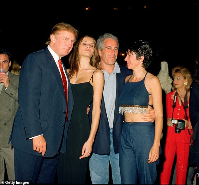 Trump (pictured left), Melania (pictured center left), Epstein (pictured center right) and Ghislaine Maxell (pictured right) in 2000