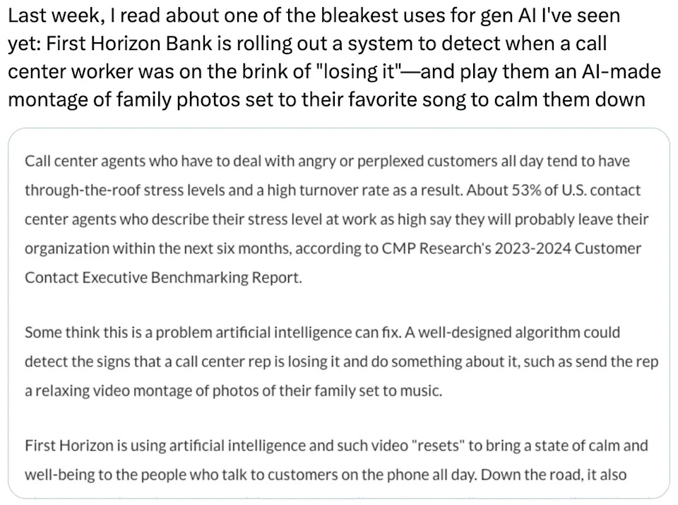 Summary of text: First Horizon Bank is developing a system using AI to help call center workers manage stress and calm down during difficult calls — for example, showing a montage of family photos set to music after detecting stress