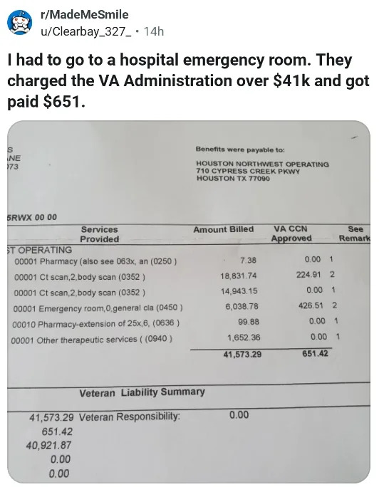 A veteran shares an emergency room bill on r/MadeMeSmile, showing a $41,573 charge, which has been reduced to $651 as the approved amount to charge the VA. The Veteran pays nothing