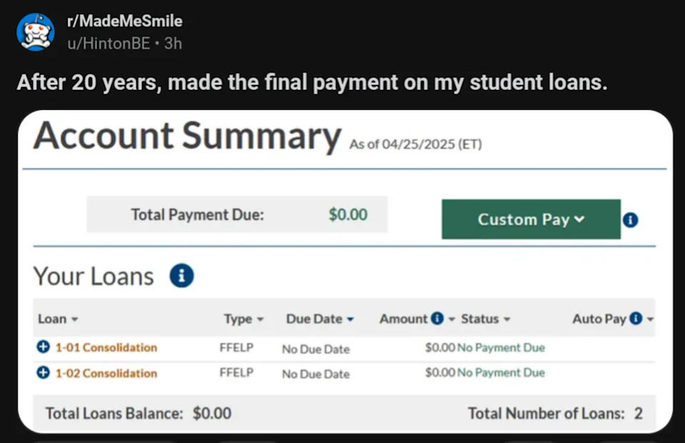 r/MadeMeSmile Reddit post celebrating final student loan payment after 20 years, showing an account summary with a $0 total balance