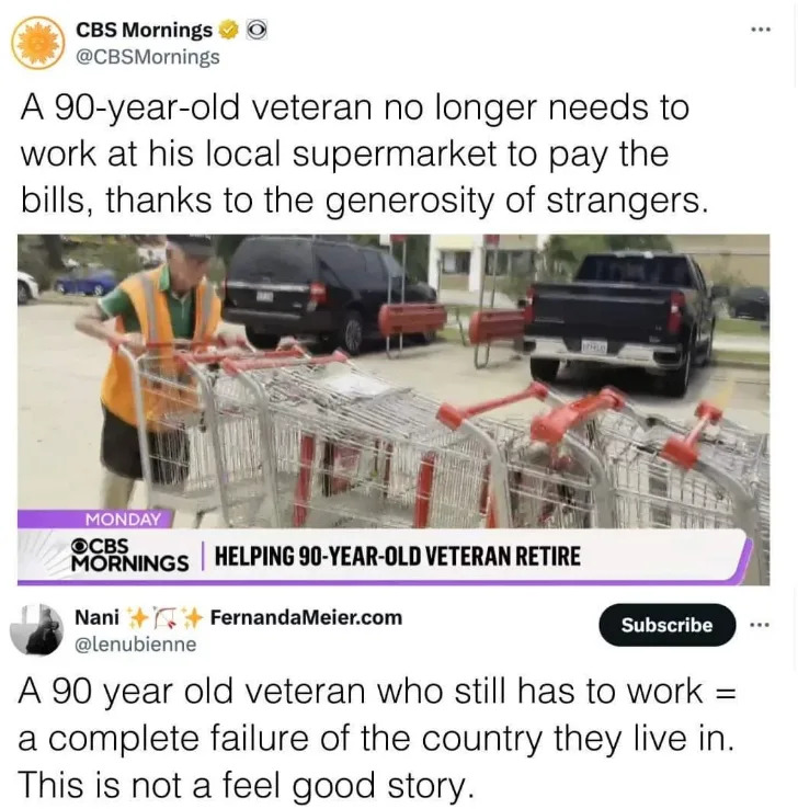 A tweet shares a news story of a 90-year-old veteran who can retire from working at his local supermarket due to strangers' generosity, with a comment about how it's a failure of our country that he had to work to pay bills at his age