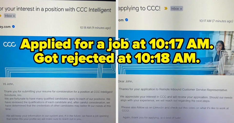 Email screenshots showing a job application being received and then rejected within two minutes