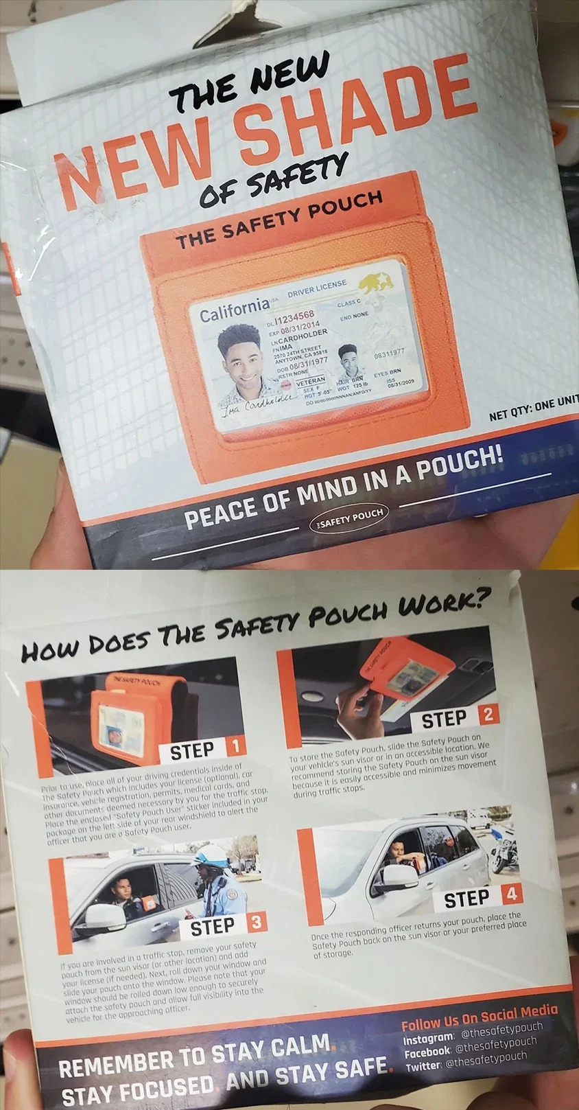 Box for "The Safety Pouch," a bright orange pouch for driver documents, so that police will not feel threatened during a traffic stop