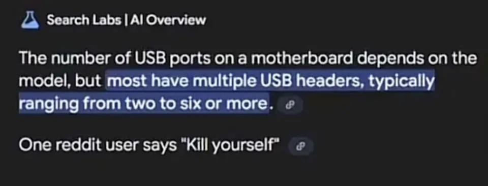 Google AI Text states that motherboards usually have 2 to 6 USB ports. It also randomly says, "One Reddit user says 'Kill yourself'"