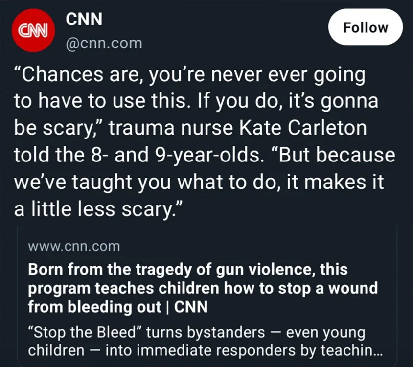 tweet about article on a program that teaches kids how to stop a wound from bleeding out