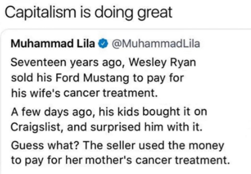 Text post about a man selling a car to pay for his wife's cancer treatment and his kids buying it back for him 17 years later; the person they bought it back from used the money for their mother's cancer treatment