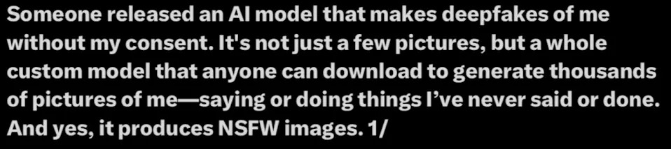 Social media post discusses someone creating a deepfake AI model that generates unauthorized images of them, including NSFW content, without their consent