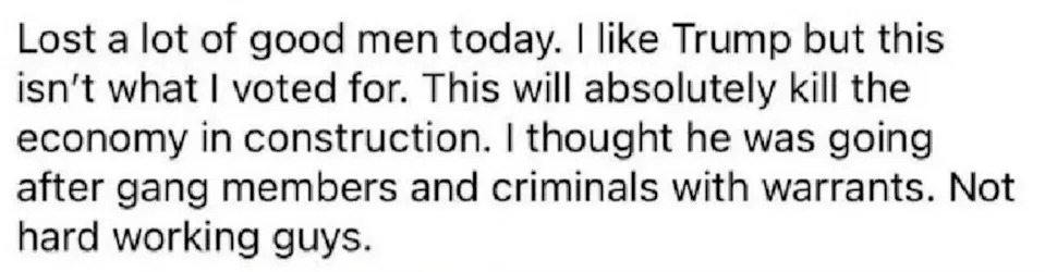 A Facebook post from a Trump supporter decrying the loss of construction workers over immigration crackdowns