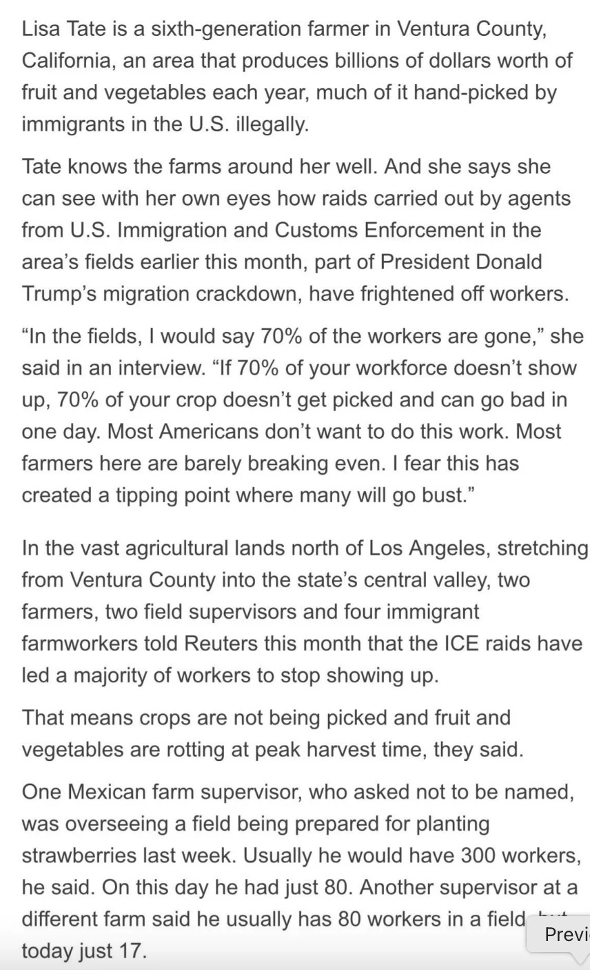 Article discusses loss of of farm workers due to immigration crackdowns