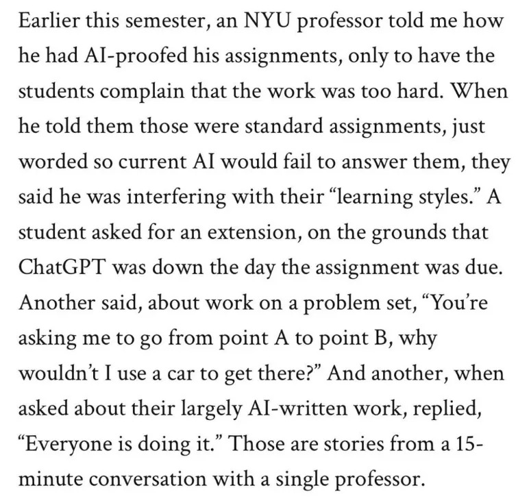 A professor discusses students using AI for assignments, their complaints about difficulty, and excuses for extensions due to AI tool issues
