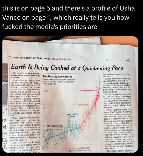Newspaper article on Earth's rising temperatures shows a graph and discusses climate change. Added text comments on media priorities, saying this is page 5 and a profile on Usha Vance is on page 1