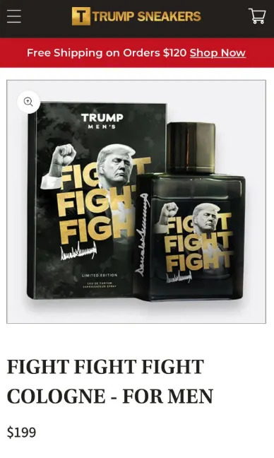 Cologne product display for "Fight Fight Fight" by Trump for men, priced at $199