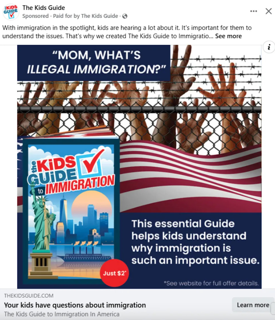 Summary: Ad for "The Kids Guide to Immigration" aimed at helping kids understand illegal immigration, featuring book cover with NYC skyline and Statue of Liberty, and hands up against a barbed wire fence