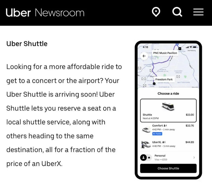 Uber Shuttle ad: Affordable rides to concerts or airports; shares rides to the same destination for less than an UberX. Shuttle in example costs $15
