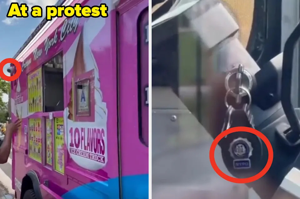 Person standing by ice cream truck outside protest; camera on truck and keys in ignition with NYPD logo are circled