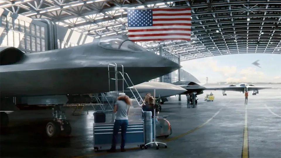 A view of the notional NGAD concept’s nose seen in a 2021 Northrop Grumman ad. <em>Northrop Grumman</em>/<em>YouTube screencap</em>