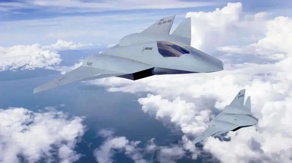 Another Boeing rendering of a notional sixth-generation crewed stealth combat jet for the Navy flying alongside an advanced drone. <em>Boeing</em>