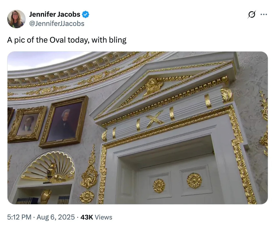 The Oval Office with ornate golden decorations and framed portraits on the walls