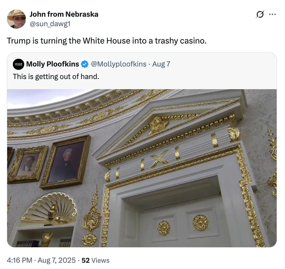 Tweet showing ornate White House decor with gold accents is compared to a casino by user comment