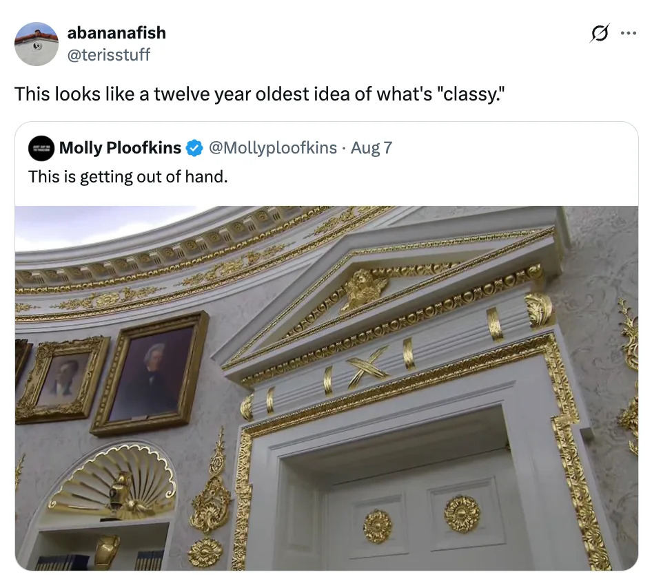 Social media post shows ornate gold décor inside a building, with a humorous caption suggesting it's an over-the-top idea of "classy."